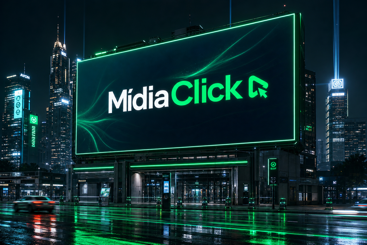 Painel de LED iluminado anunciando uma marca